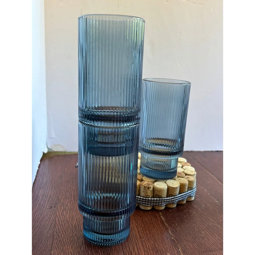 Vintage Blue Ribbed Highball Glasses Set of 4 Stackable Fluted Tumblers 6 inch